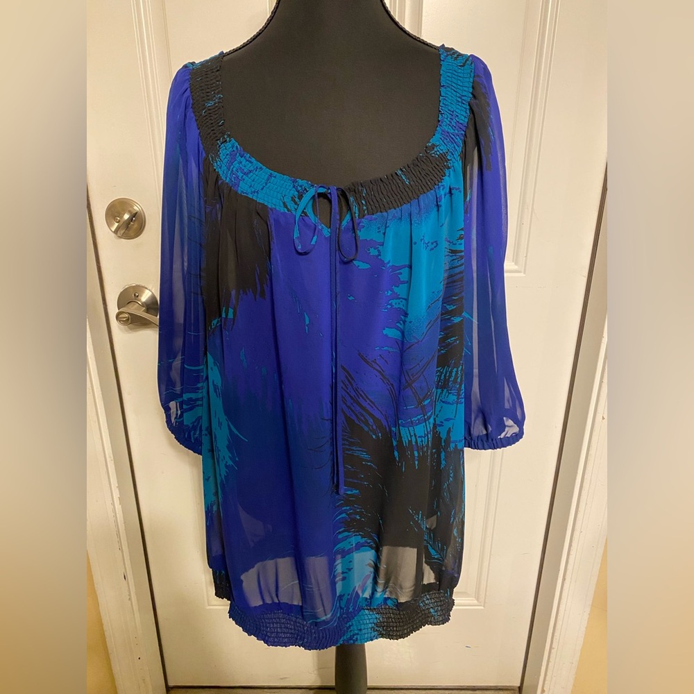 Blouse blue and Black Tie Front Tunic